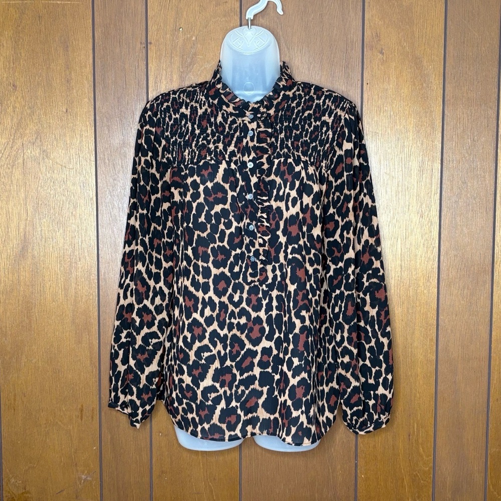 J. Crew Blouse Large Leopard Print Smocked Yoke Ruffle Front Mob Wife Y2K Grunge